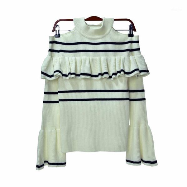 

18 autumn stripes horn sleeve off shoulder lace slim fit backing half gao collar sweater knitting shirt 810981, White