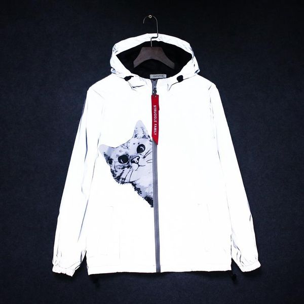 

streetwear reflective jacket women men cat print graphic windbreaker hooded jackets hip hop waterproof coats couple clothing, Black;brown