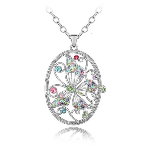

wholesale new butterfly austrian crystal pendant necklace long chain collares jewelry for women gifts ing, Silver