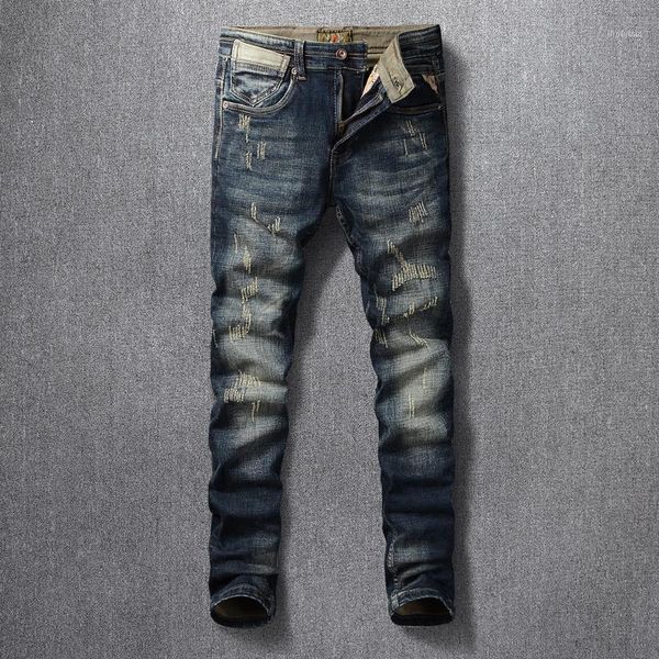 

italian vintage fashion men jeans retro black blue ripped denim trousers designer distressed slim fit cotton pants1