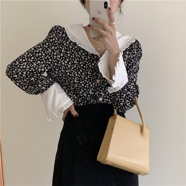 

alien kitty romance print-floral 2020 ruffles vintage plus feminine elegant chic loose casual fashion sweet all-match shirts1, White