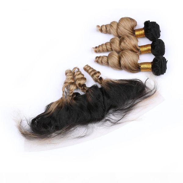 

ombre virgin hair with frontal 13" * 4" loose wavy ombre brazilian hair bundles with frontal ombre #1b #27 color, Black;brown
