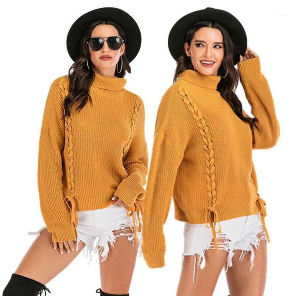 

turtleneck women pullover lace-up sweater autumn winter long sleeve sweater female pullover knitted slim 1, White;black