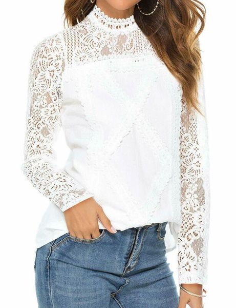 

women casual long sleeve slim blouse t-shirt ladies lace tunic tee shirt spring clothes plus size s-2xl, White