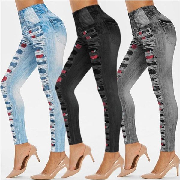 

yoga outfits plus size women long leggings faux denim ladies pants floral printed high waist female shorts1, White;red