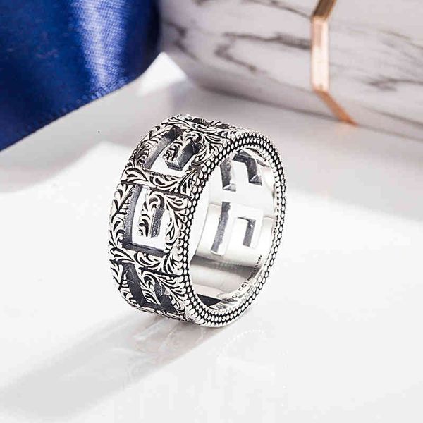 

925 square pattern ancient wide hollow ring thai silver couple fine jewelry sale outlet