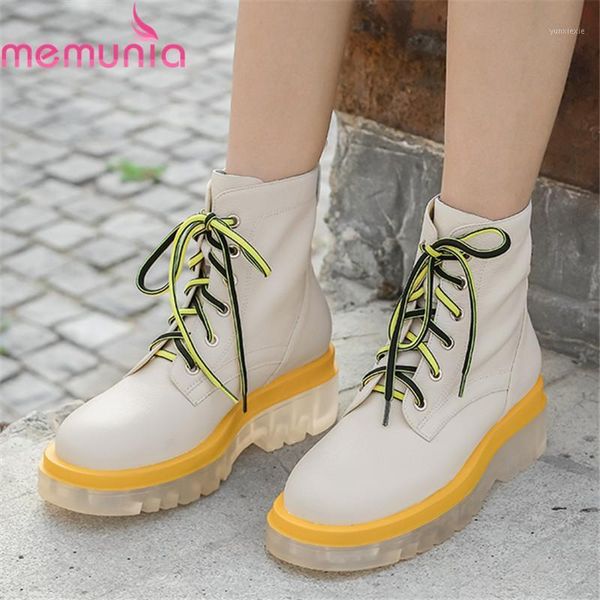

memunia 2020 genuine leather boots ladies shoes square heels round toe fashion lace up ankle boots for woman black white1