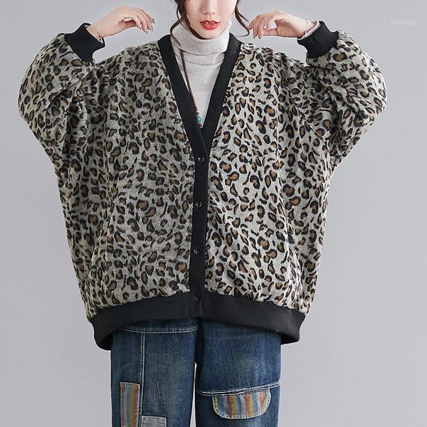 

female new autumn and winter plus size outerwear vintage art versatile leopard print casual loose lazy wool with cotton cardigan1, Tan;black