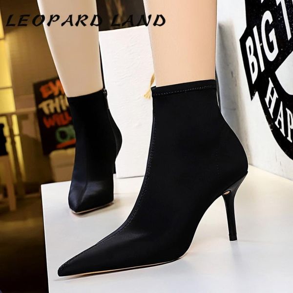 

leopard land ankle boots thin heeled high heel pointed elastic laica nightclub slimming ankle boots skinny ds-8788-1, Black
