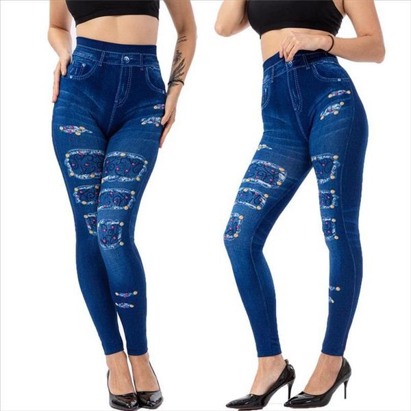 

plus size black leggings women fashion new pattern patch denim printed leggins slim casual middle waisted jeggings