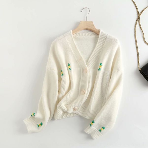 

korean women's clothing autumn and winter 2020 new languid style v-neck embroidered linen cardigan sweater sweater sweaterfor women w20, White;black