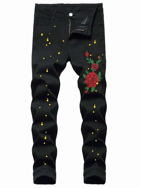 

romwe guys graphic print floral embroidery jeans 25oe#, Blue
