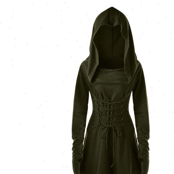 

women costumes lace up hooded vintage pullover high low bandage long dress cloak halloween costumes for women dress, Black;gray