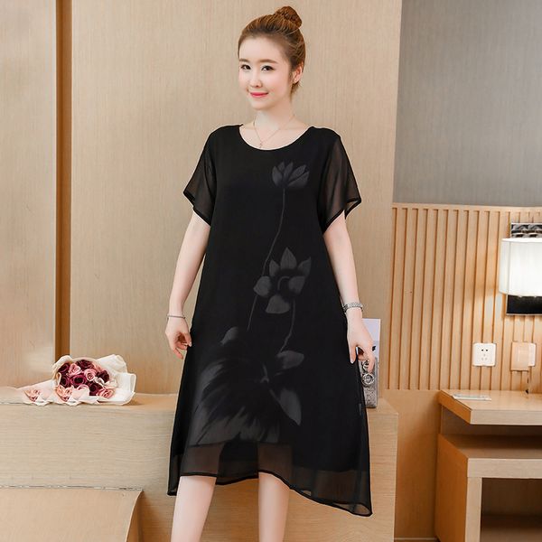 

2021 new new female print hood summer dress with short sleeves the casual neck on her knee dressed as chiffon plus size 5xlh0026 w85k, Black;gray