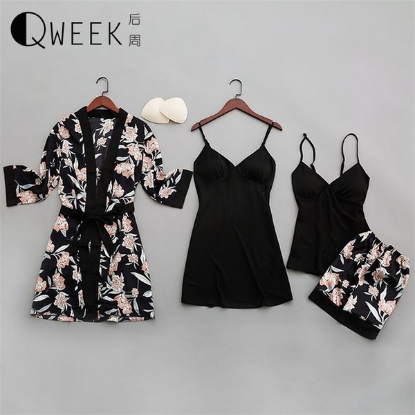 

summer women pajamas with chest pads print silk women sleepwear four-piece sets comfortable pyjama female pijama 2020 satin y200708, Black;red