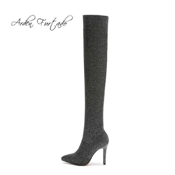 

arden furtado 2020 autumn winter glitter sequined cloth over the knee boots chunky heels stretch boots high heels 10cm big size, Black