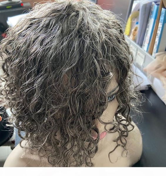 

loose curly salt & pepper wig human hair 3 4 grey women hair wig machine made non lace wig real hair soft comfortable, Black;brown