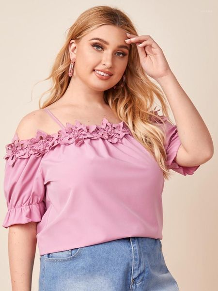 

off-shoulder appliquéd flared sleeve pink casual plus size blouse1, White