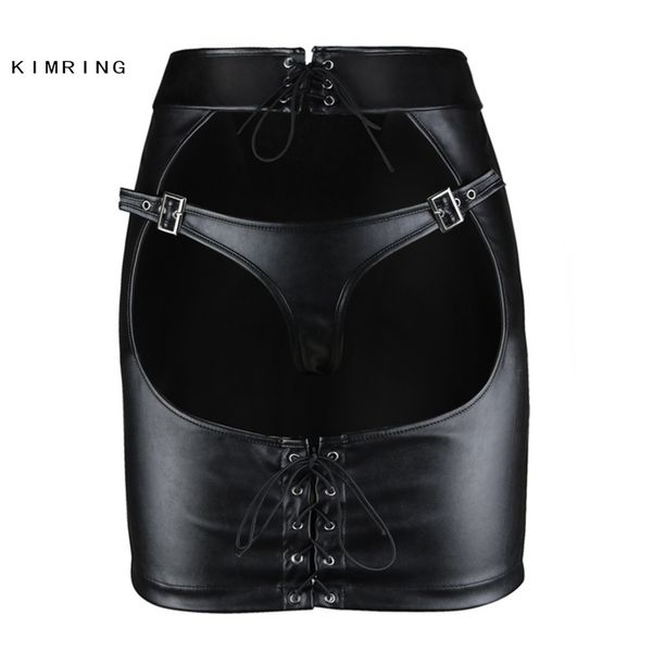 Kimring Gothic кожаная юбка большая задница открытая задница Clubwear Mini юбка сексуальная узкая бедра юбка T200712