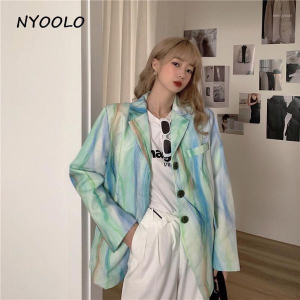 

nyoolo tie dye abstract oil painting pattern loose long sleeve blazer suit women harajuku streetwear single breasted outerwear1, White;black