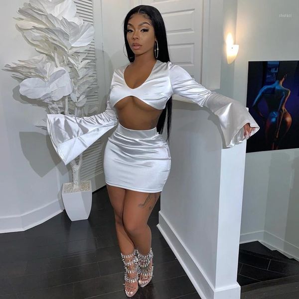 

fashion 2 piece set women's long flare sleeve u-shaped neck shirts crop high waist short mini pencail skirt new1, Gray