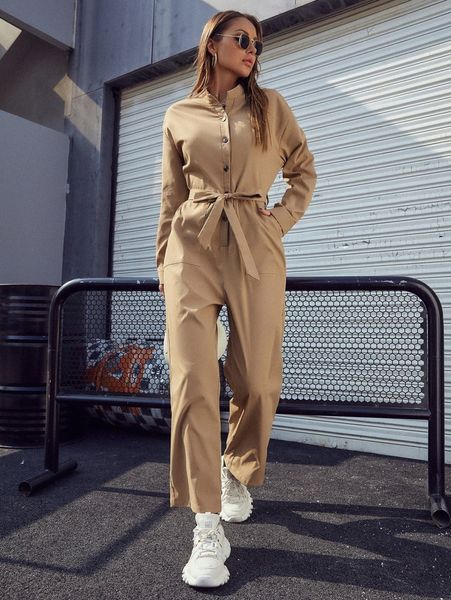 

slant pockets drop shoulder belted shirt jumpsuit g7kc#, White