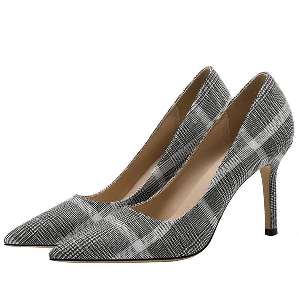 

dress shoes 2021 women high heel plaid pointed toe thin pumps party club footwear, Black