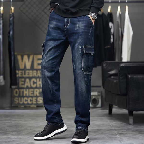

plus size men's jeans mens hiphop baggy denim cargo pants loose leisure men clothing trousers 42 mens bottoms, Blue