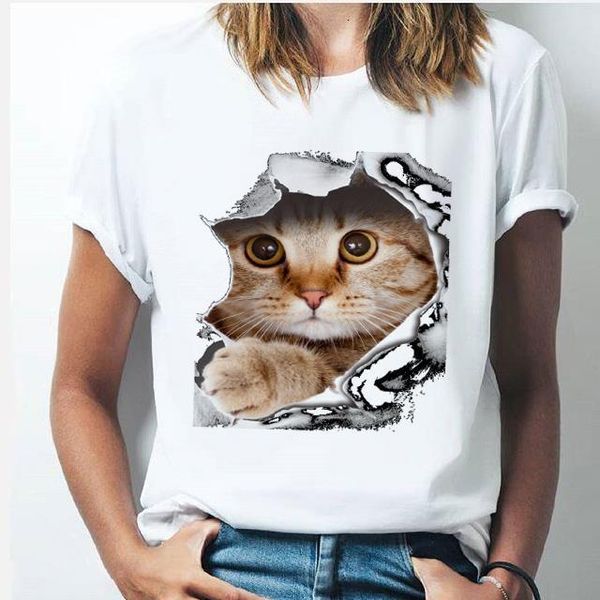 

multiple cat women's t shirt harajuku funny cute cat head hole printed short sleeve casual cartoon korean style tees, White