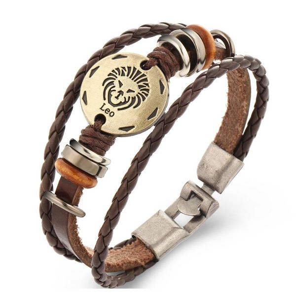 

twelve constellation zodiac retro brown multi layer buckle punk woven leather bra wmttie homes2007, Golden;silver