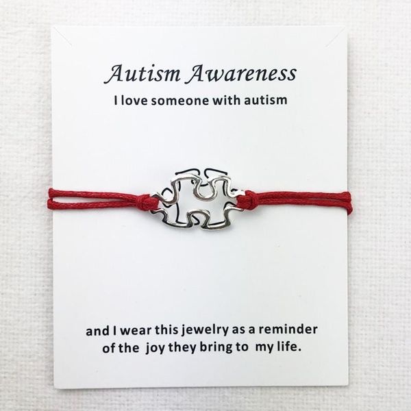 Charm Armbänder Awareness Autismus Charms Manschette Mehrschichtiges rotes Wachsseil Antik versilbert Damen Herren Unisex mit Kartenarmband Schmuck