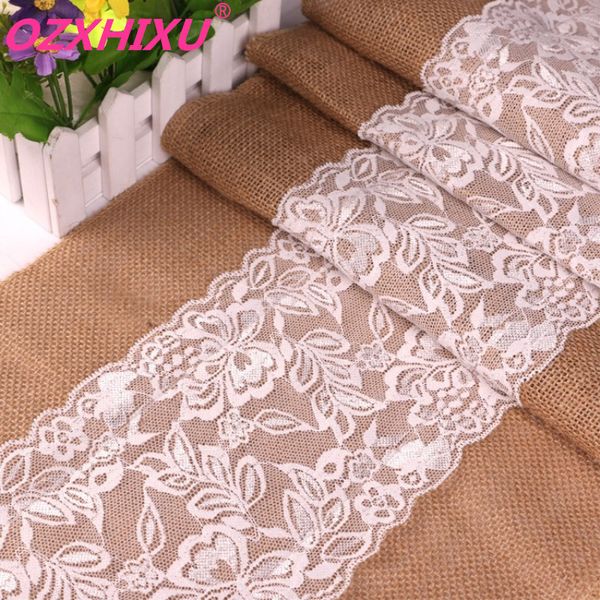 Alta Qualidade 30cm * 275cm Vintage Branco Renda de Natal Jute Table Runner Hessian Burlap Party Material Decoração de Casamento AA8208 Y200903