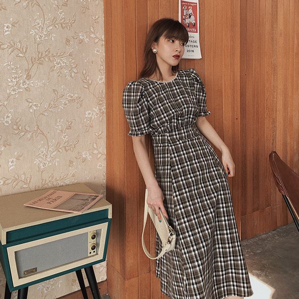 

2021 new high big round collar with no back retro-chess fashion feminine thin waist a-word overknee dress 7jat, Black;gray