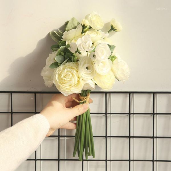 

decorative flowers & wreaths artificial silk ranunculus floral bouquet with greenery wedding holding home office decoration sztuczne kwiaty1