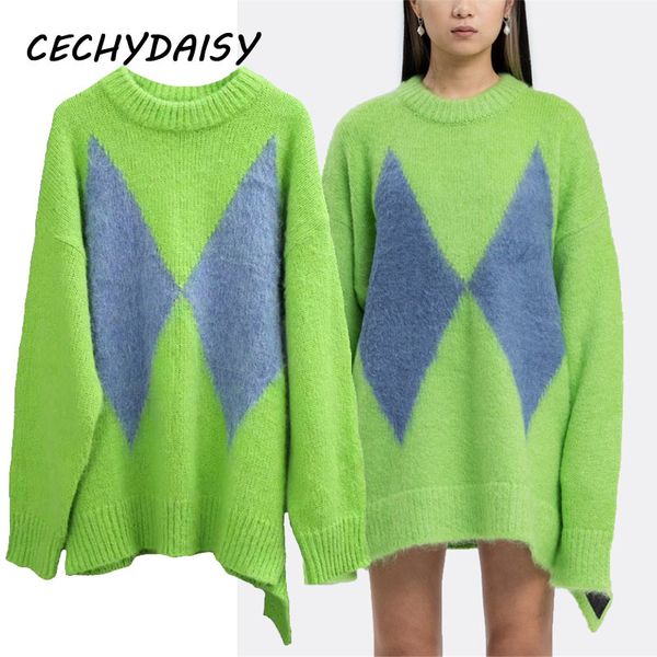 

knitted long sweater women winter clothes fashion streetwear loose casual argyle plaid vintage pullovers jumper punk damski h1211, White;black