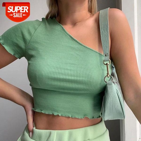 

women basic crop summer one shoulder slim solid ruched t shirt ladies short sleeve cold shoulder club casual tee #hq7j, White
