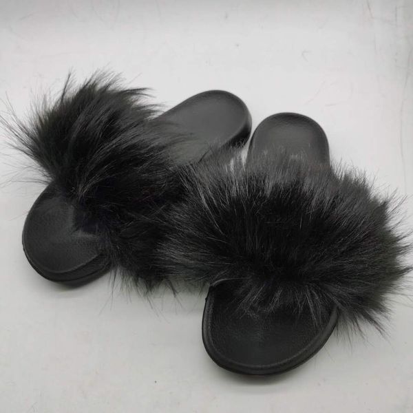 

summer fluffy faux fox lovely furry raccoon slides drop shipping women fur slippers x1020, Black