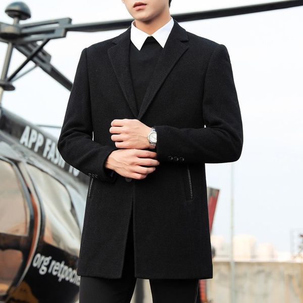 

wool coat men's windbreaker medium long korean woolen coat 2020 new autumn winter suit, Black