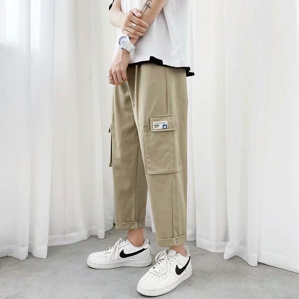 

3xl plus size casual pantalon homme 2020 big pockets harajuku straight leg pants lace up high waist cargo pants men1, Black