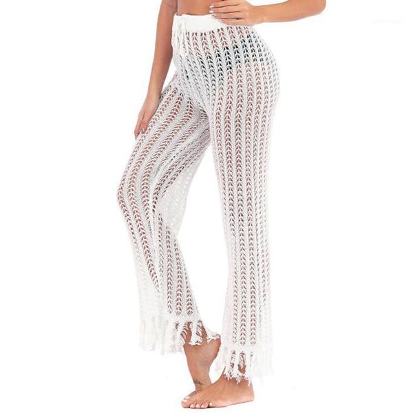 

women's pants & capris 2021 summer women long high waist wide leg loose white see through mesh hook fishnet tassel boho trousers1, Black;white