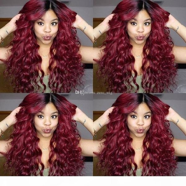 

two tone ombre burgundy full lace human hair wigs t1b 99j loose wavy peruvian virgin hair wine red 150% density lace front wigs, Black;brown
