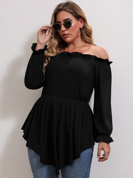 

plus off shoulder frill trim hanky hem blouse f0gv#, Black