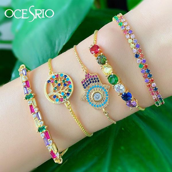 

charm bracelets bohemian shiny bracelet set hamsa hand tree of life adjustable baguette rainbow cz & bangle women jewelry brt-b57, Golden;silver