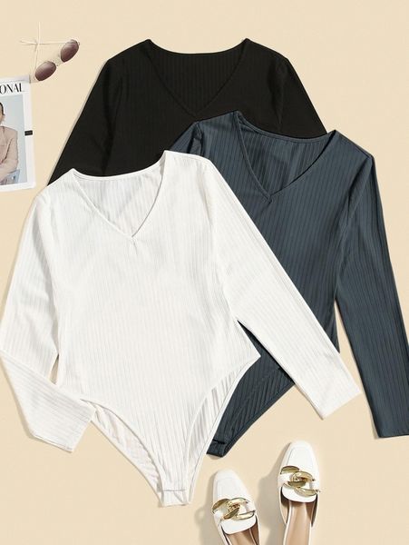 

plus 3pcs rib-knit solid bodysuit s7np#, Black