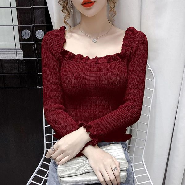 

vintage sweater ruffle off shoulder cropped sweater korean pullover knitted christmas pull femme jumper woman sweaters 2020 red1, White;black