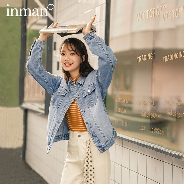 

inman autumn winter new arrival fashion worn pit single-breasted classic washed long-sleeved denim women jacket 201017, Black;brown