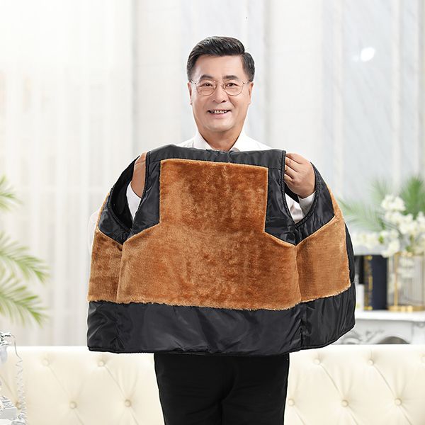 

winter father's warm cotton men's pu leather thickened cashmere shoulder jacket middle-aged and elderly father 70 vest, Black;white