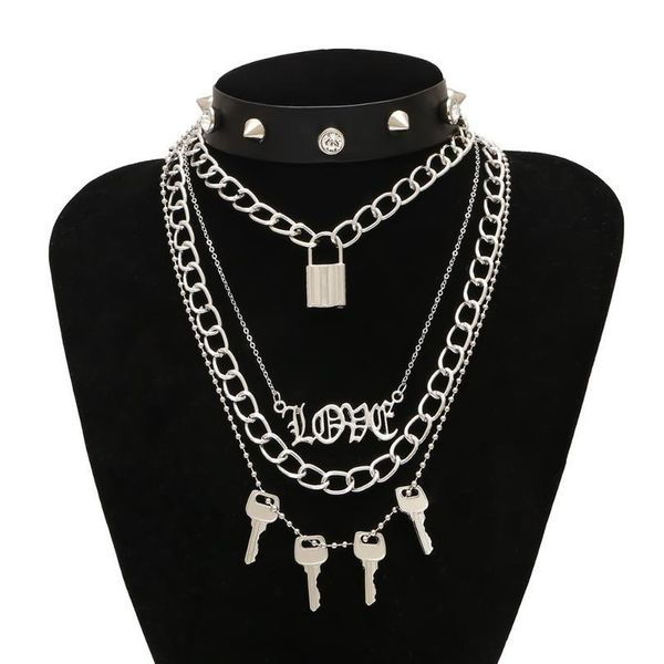 

kmvexo punk multilayers padlock love key pendant necklace women girls gothic spike rivets leather choker necklace hiphop qyluqr, White