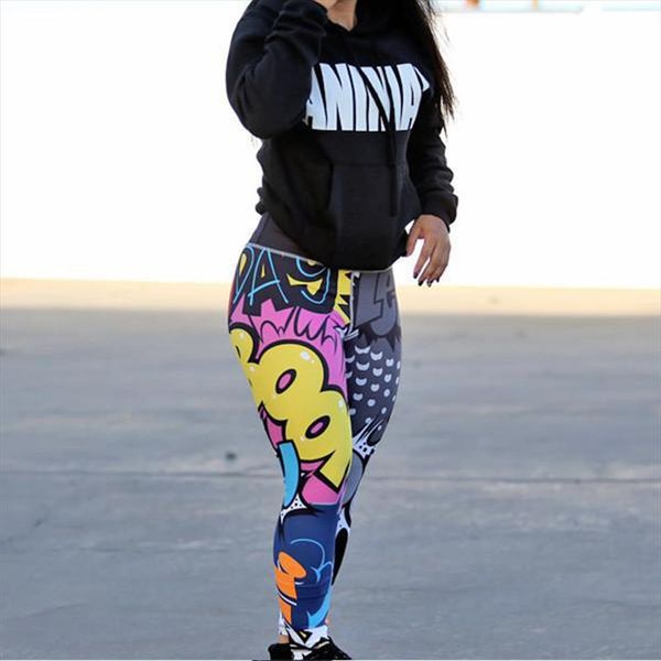 

2020 spring autumn fashion jeggings for women boom digital printing cartoon funny leggings comic hip push up women leggings, Black