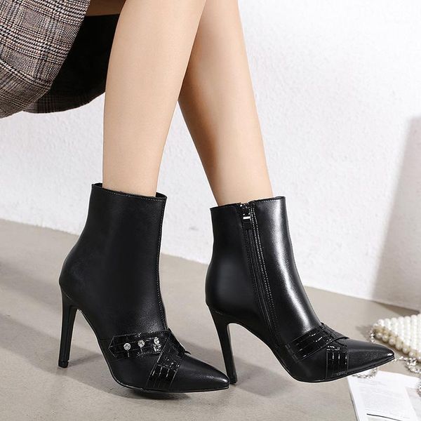 

shoes woman flat boots winter footwear boots-women round toe low leather 2020 autumn mid-calf ladies pointy rock high heel1, Black
